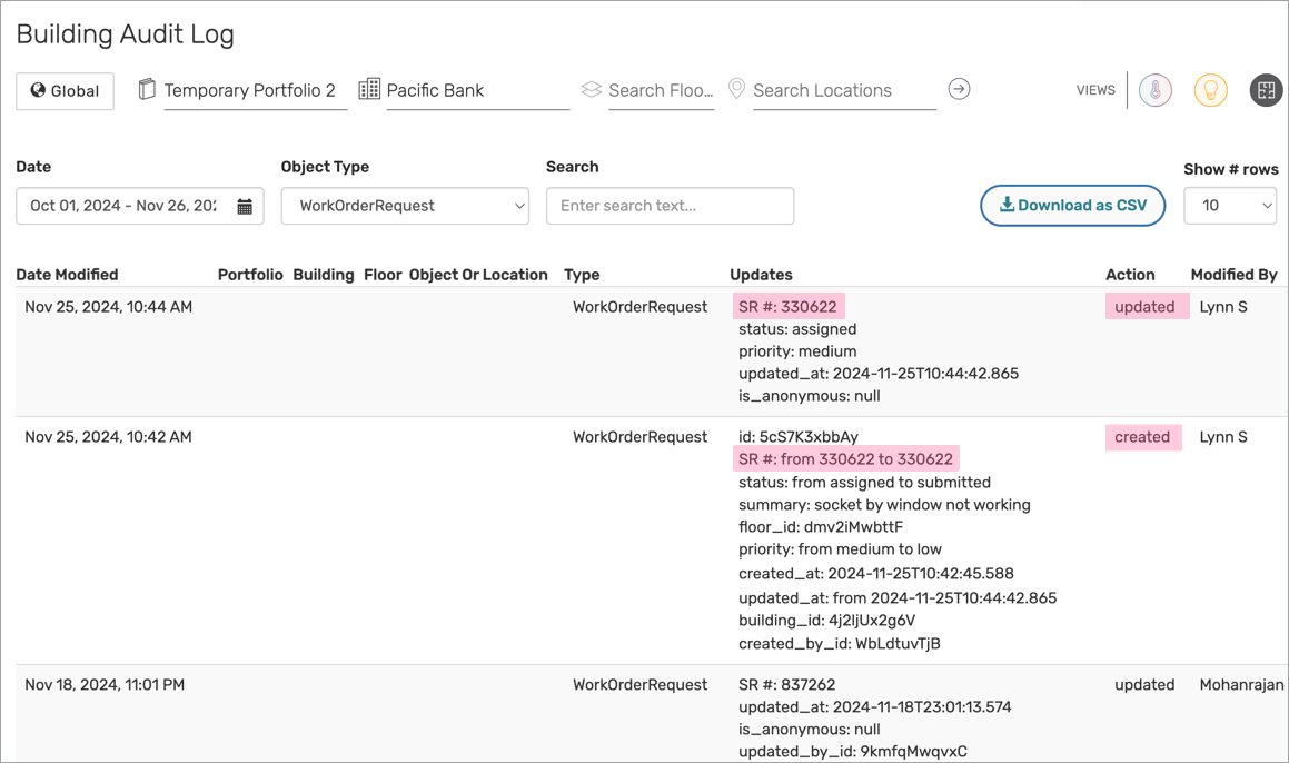Work Orders in the Audit Logs