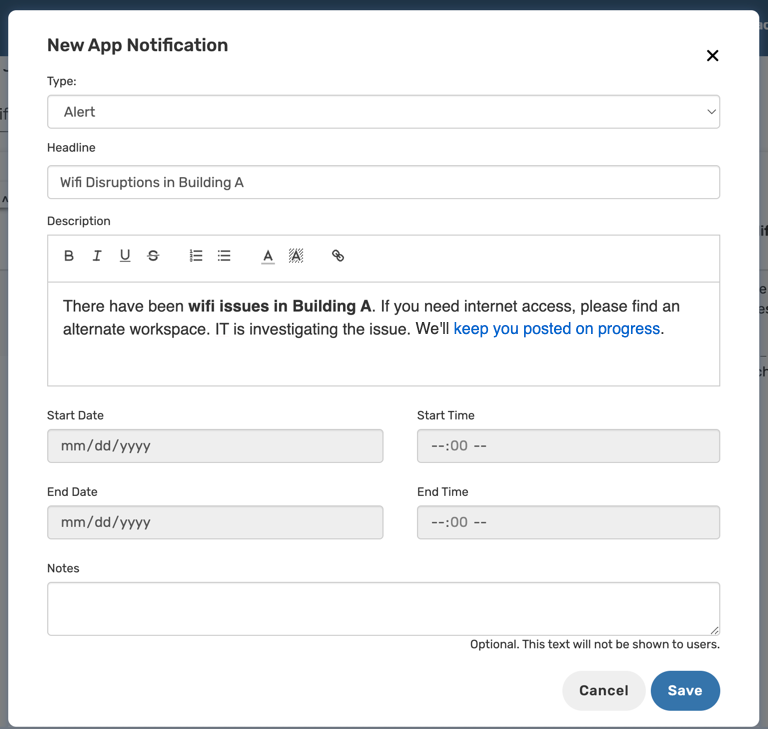 Configuring in-app notifications