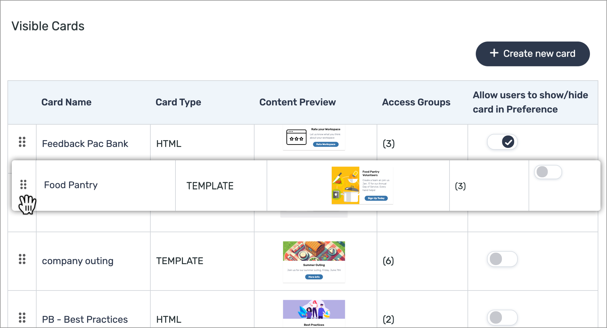 Set homepage card visibility, sequence, and alert card