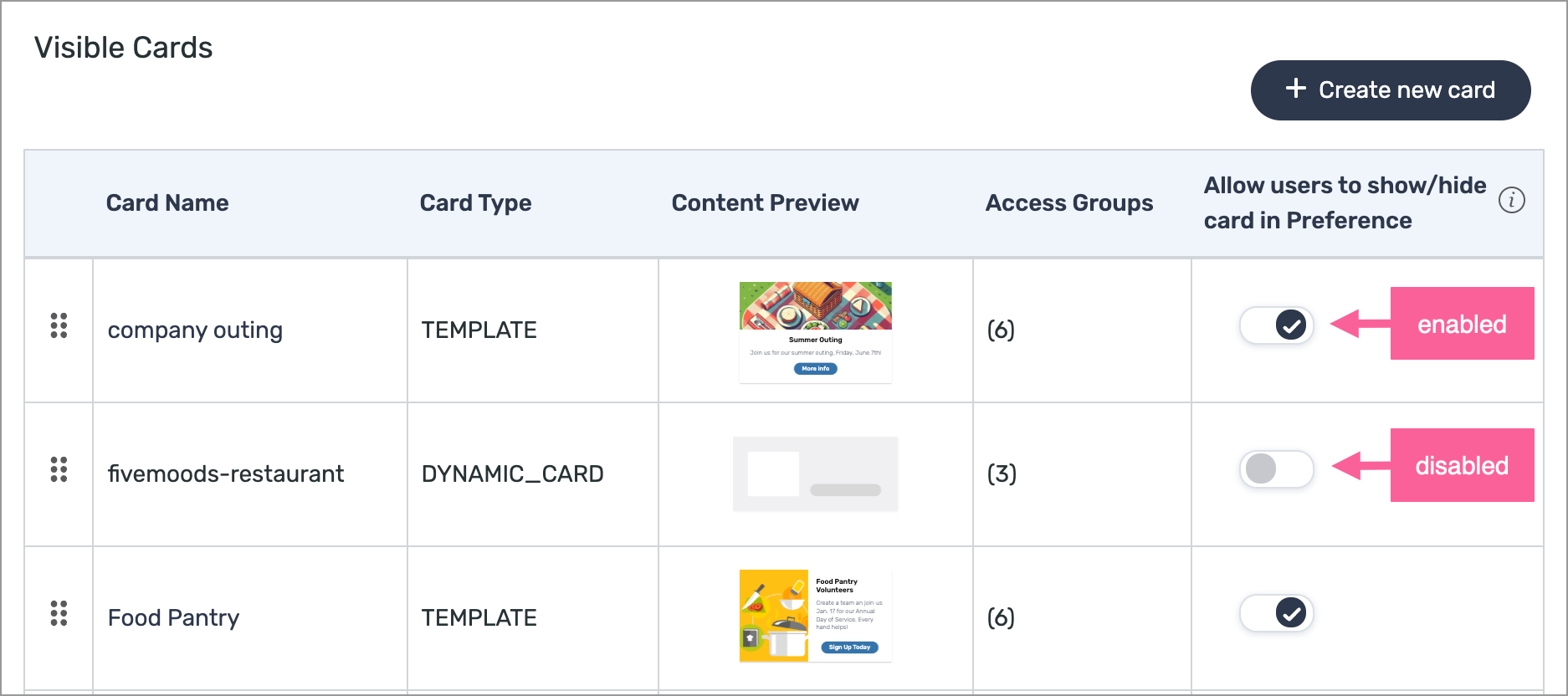 Set homepage card visibility, sequence, and alert card
